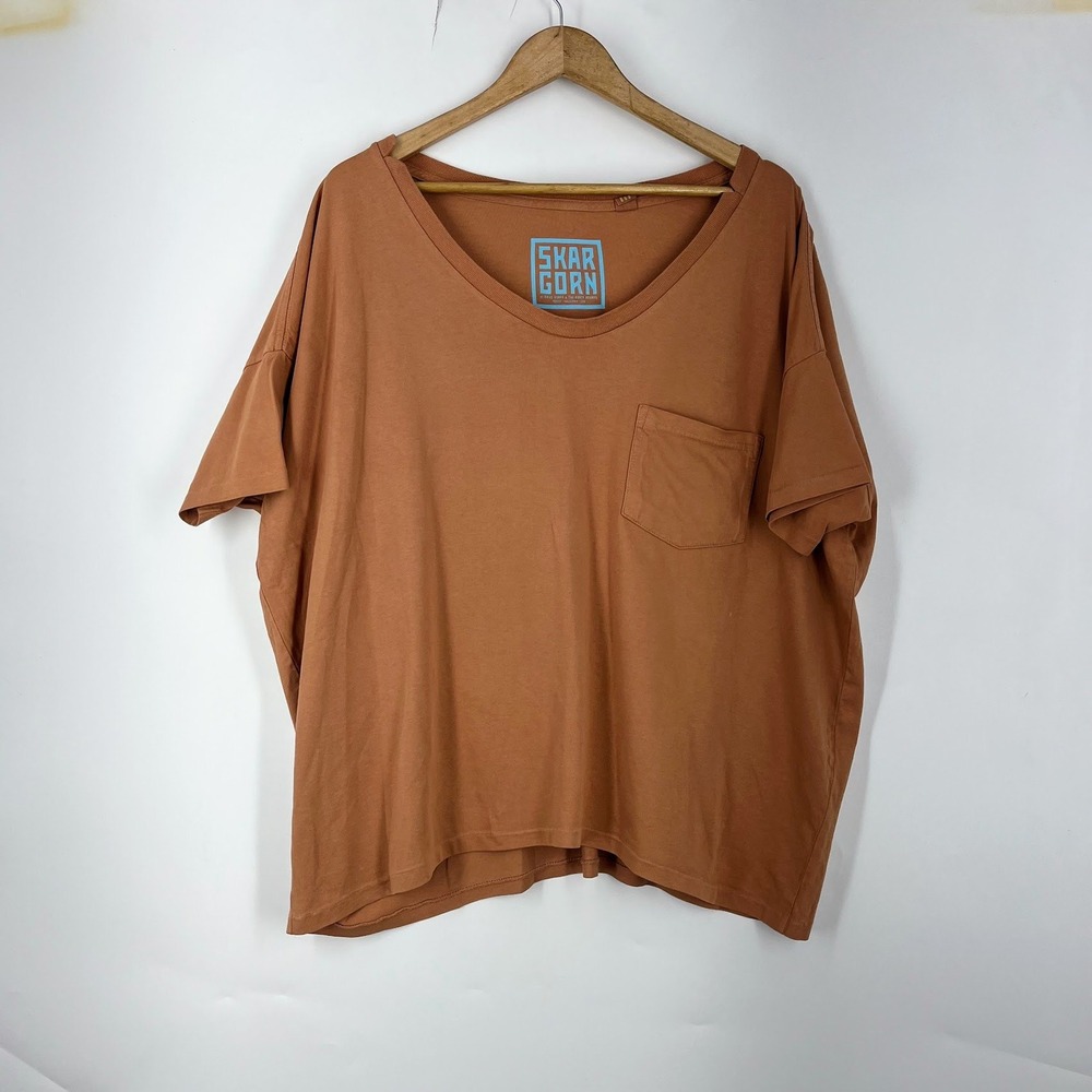 Skargorn Womens #61 Oversized Pocket T-Shirt Rust Orange V Neck Cotton Tee  SZ M